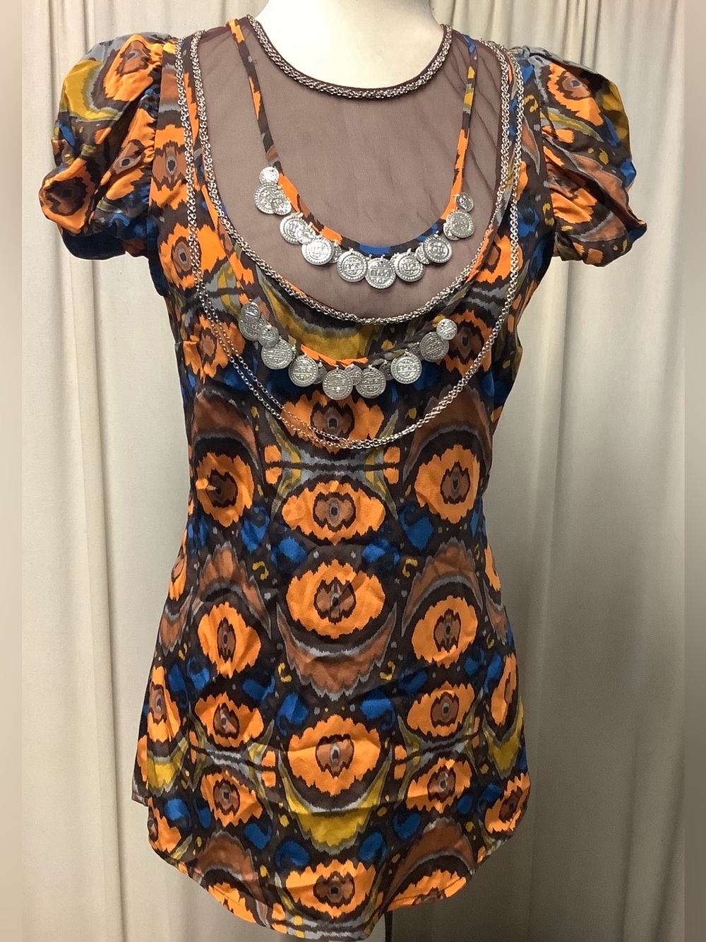 Plenty Y2K Silk Satin Mesh Coins Chains Trim Short Puff Sleeve Mini Dress